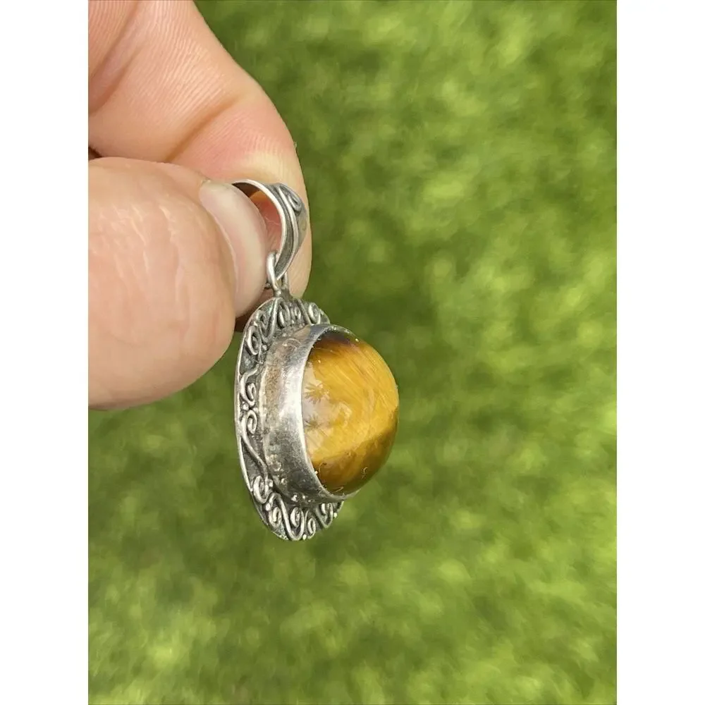 Vintage Sterling Silver Necklace 925 Pendant Tigers Eye Brown Stone